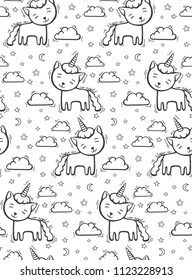 Cute pattern with white cat unicorn with pink horn on night sky background with moon and stars. Hand drawn vector illustration for textile or wallpaper.