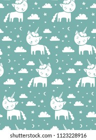 Cute pattern with white cat unicorn with pink horn on night sky background with moon and stars. Hand drawn vector illustration for textile or wallpaper.