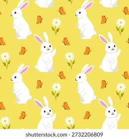 Padrão bonito com coelhos brancos, flores e borboletas para impressão, cartões de felicitações. Férias da primavera. Ilustração vetorial no plano de fundo amarelo