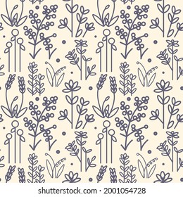 Patrón lindo con flores silvestres sobre un fondo blanco. Plantas minimalistas. Diseño hipster para ropa de cama. Adecuado para afiches, tarjetas y envoltura de regalos. Eps 10
