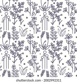Cute pattern with wildflowers on a white background. Minimalistic plants. Stylish hipster print for clothing, dress or bedding. Suitable for posters, cards and gift wrapping. Eps 10
