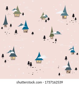 cute pattern of winter beaches with houses, for children's books, fabrics, products and objects