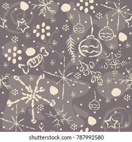 Cute Pattern with winter doodles on brownbackground with shades.Great for prints for t-shirts, kitchen utensils(like plates, cups), pillows, blankets, dress design, fashion, etc. Vector Illustration.