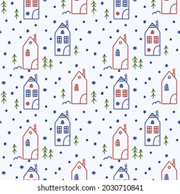 Patrón lindo con las casas de invierno. Dibujo sin foco con casas, árboles y colinas. Antecedentes decorativos paisajísticos para textiles, papel pintado y papel de embalaje. Ilustración del vector