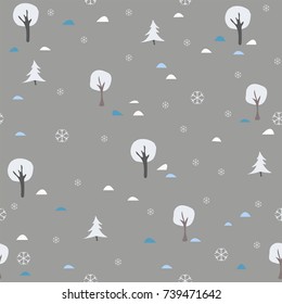Cute Pattern winter snowy trees on background with snowflakes and small hills. Hand Drawn. Great for wall art design, wrapping, fabric, textile, pillow or blanket prints, etc.Vector Illustration