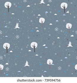 Cute Pattern winter snowy trees on background with snowflakes and small hills. Hand Drawn. Great for wall art design, wrapping, fabric, textile, pillow or blanket prints, etc.Vector Illustration