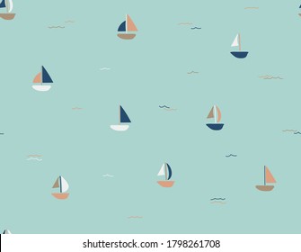 Cute pattern withe little boats. For fashion, fabrics, t-shirt prints, birthday party, scrapbook. Vector illustration with light green brackground