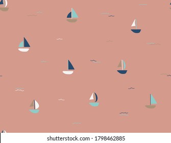 Cute pattern withe little boats. For fashion, fabrics, t-shirt prints, birthday party, scrapbook. Vector illustration with light orange background