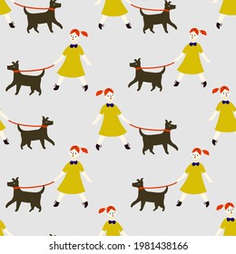 Cute pattern witn girl walking the dog  on grey background in hand-drawn style. Cute background with best friends for fabric or wallpaper  design.