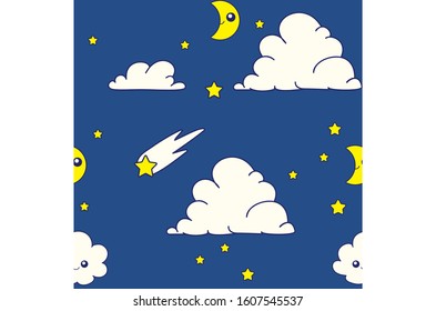 Cute Pattern with Yellow Stars, a Falling Star, Kawaii Clouds and Moon.