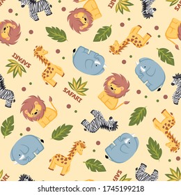 Cute pattern of zebra, lion, elephant and giraffe of safari. Vector illustration in a cartoon style.