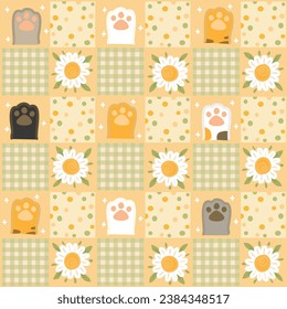 Cute pattern.Daisy. Kitten paws seamless vector illustration. Hand drawn outline For wrapping paper, wallpaper, fabric, Green yellow background