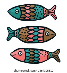 Cute patterned fish vector illustration. Decorative marine life clipart. 
