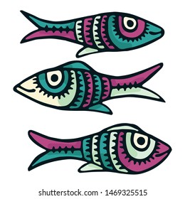 Cute patterned fish vector illustration. Decorative aquatic life clipart. 