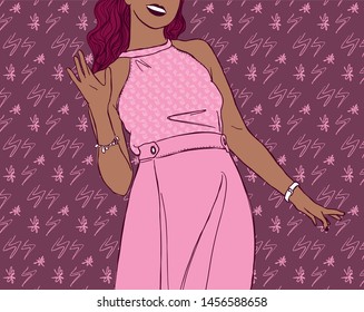 Cute patterned illustration of a woman / fashion model posing.  Halter neck and glam skirt outfit in pink.  Electric background.   Hand drawn, kitsch style sketch.