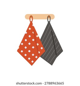 Cute patterned kitchen hand towels vector illustration. Flat hanging mofit cloths, red polka dot and dark grey striped napkins isolated on white background