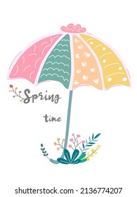 Cute patterned umbrella designed in pastel tones, vintage doodle style, spring theme. Suitable for cards, posters, clothing, digital prints, fabric patterns, spring decorations, t-shirt designs