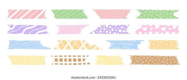 Cute patterned washi tape strips, colorful decorative scotch tapes. Pastel Washi Tapes set. Decorative patterned pieces of adhesive tape. Scrapbooking element for creating stylish digital collages. 