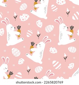 cute patterns with hares with carrots and easter eggs pattern vector