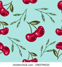Cute patterns with juicy cherries and green branches. Colorful endless background for decoration. Bright vector illustration on a green background. Cartoon flat style.