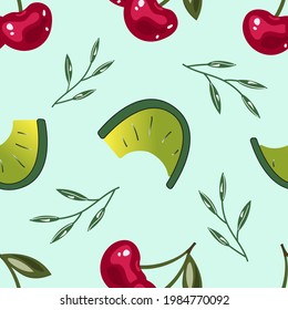 Cute patterns with juicy cherries, green branches and lime slices. Colorful endless background for decoration. Bright vector illustration on a green background. Cartoon flat style.