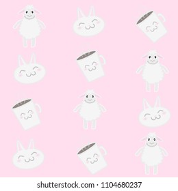 Cute patterns with kawaii sheep, coffee cup and bunny