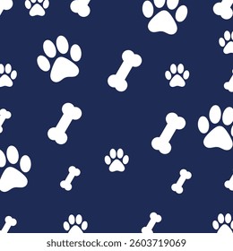 Cute Paw and Bone Print Pattern on a Navy Background for Fun and Stylish Designs