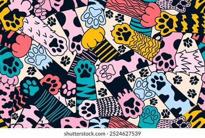 Lindo patrón sin fisuras del gato de la pata. Patas de gato sin patrón de Vector, pasos de huella maullido, diseño de papel de regalo, diferentes patas ilustración. Dibujado a mano huellas de patas de colores.