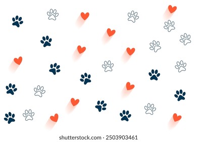 cute paw feet and heart pattern on white background vector