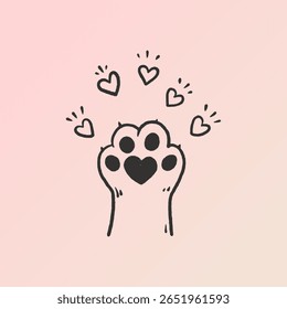 Cute paw print with hearts symbolizes love and affection for pets in a pastel background