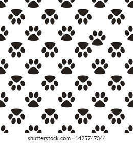 Cute paw seamless pattern, cat feet steps, pet design. Texture for wallpapers, fabric, wrap, web page backgrounds, vector illustration