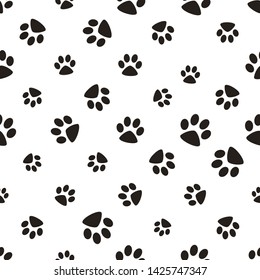 Cute paw seamless pattern, cat feet steps, pet design. Texture for wallpapers, fabric, wrap, web page backgrounds, vector illustration