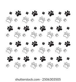 Cute paw seamless pattern. Repeating cartoon black dog or cat on white background. Repeated marks pet texture for design prints. Repeat modern backdrop. Contemporary pattern. Vector Illustration

