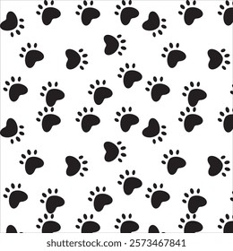 Cute paw seamless pattern. Repeating cartoon black dog or cat on white background. vector illustration