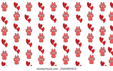 cute paw toe and heart pattern background for fabric print vector. White background.