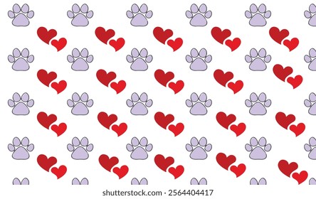 cute paw toe and heart pattern background for fabric print vector. White background.