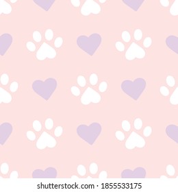Cute paws and hearts pastel pattern background, vector design for pets.