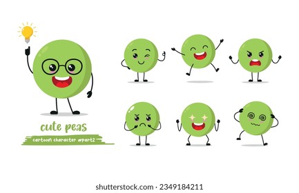 Cute pea cartoon with many expressions. different peas activity vector illustration flat design. funny peas for children story book.
