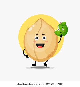 Cute pea character carrying green apple