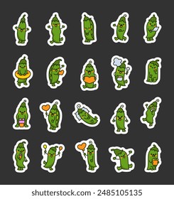 Cute pea pod with a funny face. Sticker Bookmark. Adorable cartoon vegetable. Hand style. Vector drawing. Collection of design elements.