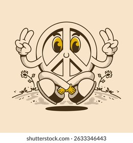 Cute peace character sitting cross-legged outdoors with a cheerful and calming retro cartoon style