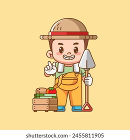 Cute peace farmers harvest fruit and vegetables kawaii chibi character mascot illustration outline style design set