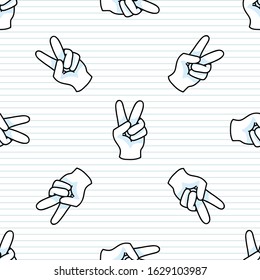 Cute peace hand symbol seamless vector pattern. Hand drawn expression gesture for simple stylized sign. Hand gesture home decor. Isolated communication victory concept all over print. 