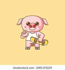 a Cute peace pig Playing Skateboard animal kawaii chibi character mascot illustration outline style