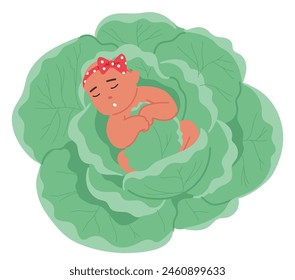 Cute, Peaceful Baby Character With A Polka-dot Bow, Comfortably Napping On A Bed Of Green Cabbage Leaves, Evoking A Sense Of Calm, Innocence, Childbirth And Nature. Cartoon People Vector Illustration