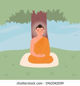 Cute Peaceful Lord Buddha in yellow robe meditating in lotus posture with closed eyes. Buddhist Religious Teacher or God. Flat vector cartoon character isolated on white background for children book.