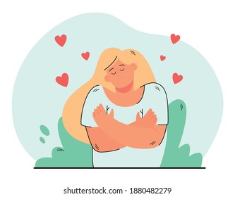 Cute peaceful woman hugging her shoulders flat vector illustration. Cartoon positive girl embracing herself with hearts flying around. Love yourself and self-confidence concept