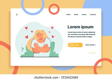Cute peaceful woman hugging her shoulders flat vector illustration. Cartoon positive girl embracing herself with hearts flying around. Love yourself and self-confidence concept