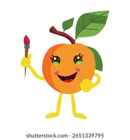Cute peach artist character holding paintbrush. Healthy fruit mascot expressing joy. Education and children activities concept.