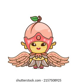 cute peach character. vegetable and fruit mascot with leaf wings. illustration in kawaii style. suitable for animation, children's content and all ages. for making cute patterns, bg, gift wrap